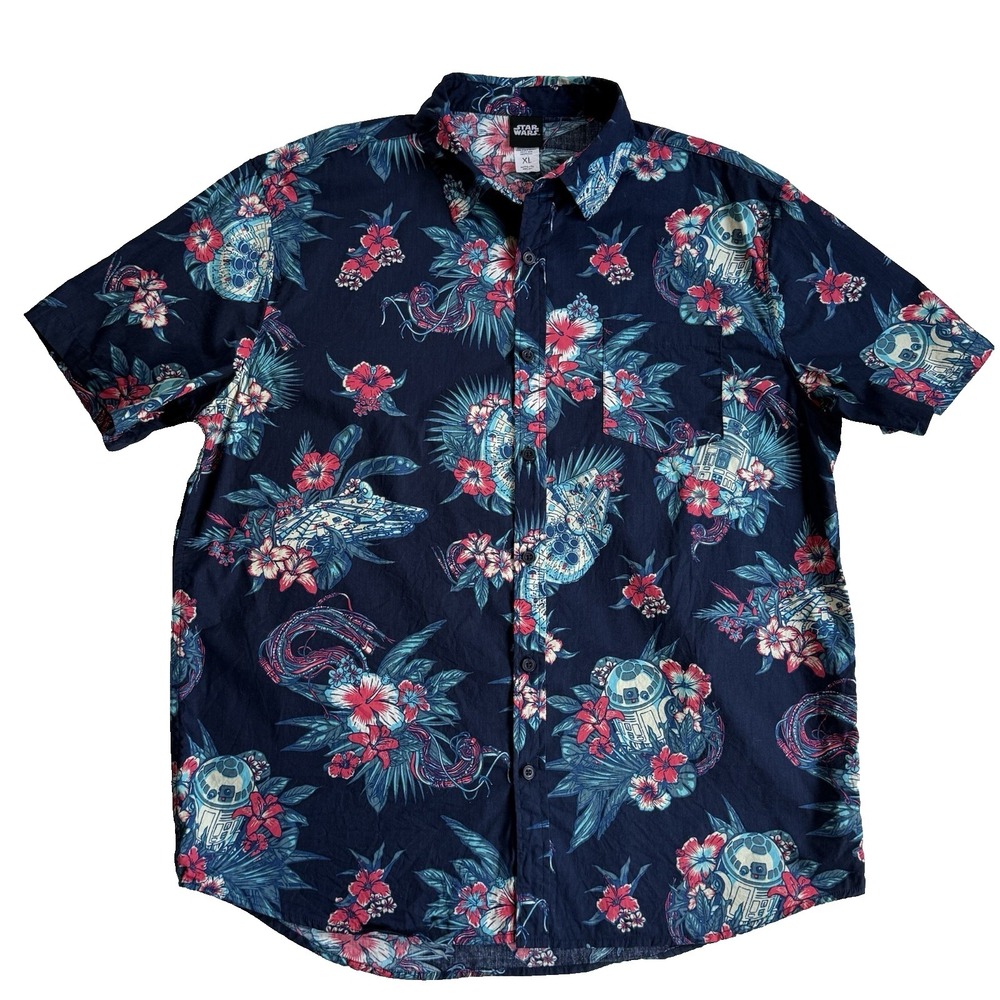 Star Wars Hawaiian Floral Print Button Up Shirt Men XL Aloha Oxford Short Sleeve